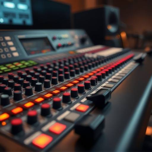 A detailed view of a modern mixing console with numerous controls