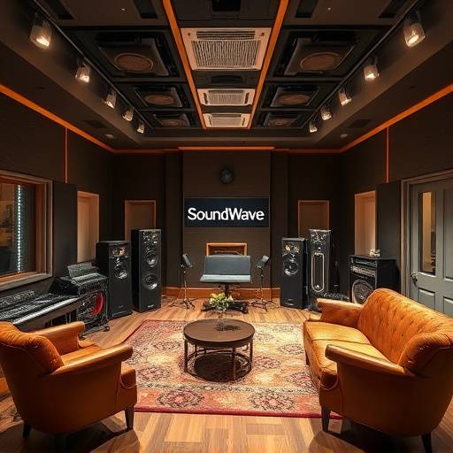 A wide shot of the interior of SoundWave Studios, showcasing recording equipment and comfortable seating areas.